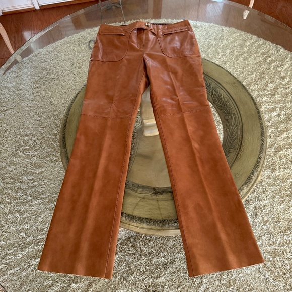 Vtg Tommy Hilfiger Women's Rich Tan Solid Leather Pants Size 10 Moto Boho Biker - Picture 4 of 9